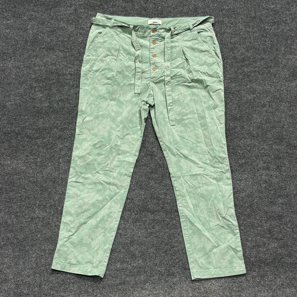 Sundance Pants Womens 16 Green Floral Paperbag Belted Twill Stretch Casual